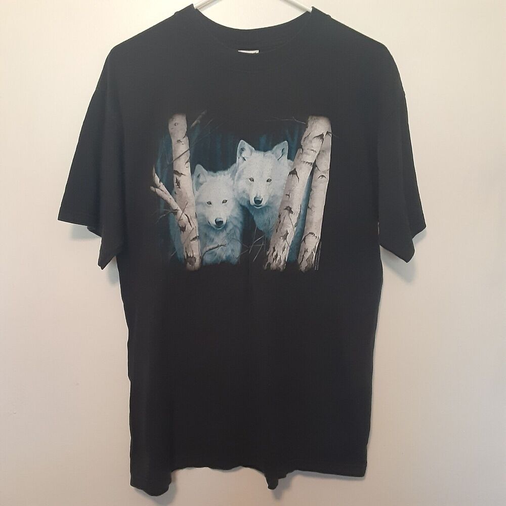 Vtg White Wolves T Shirt Mens L Rusty Frentner Art 2002 Black Short Sleeve Y2K